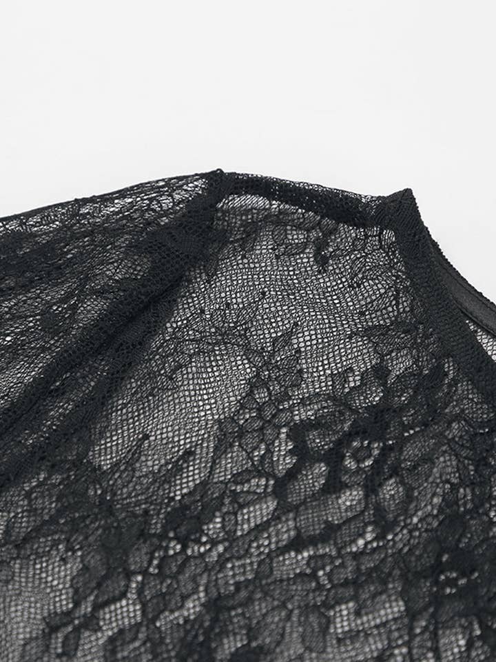BLACK Sheer Lace Asymmetrical Long-Sleeve Top for wholesale on Faire2