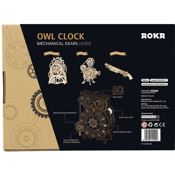 Robotime - Wholesale DIY Craft Kit - ROKR Owl Clock Model LK503 Battery Mechanical Gears Puzzle