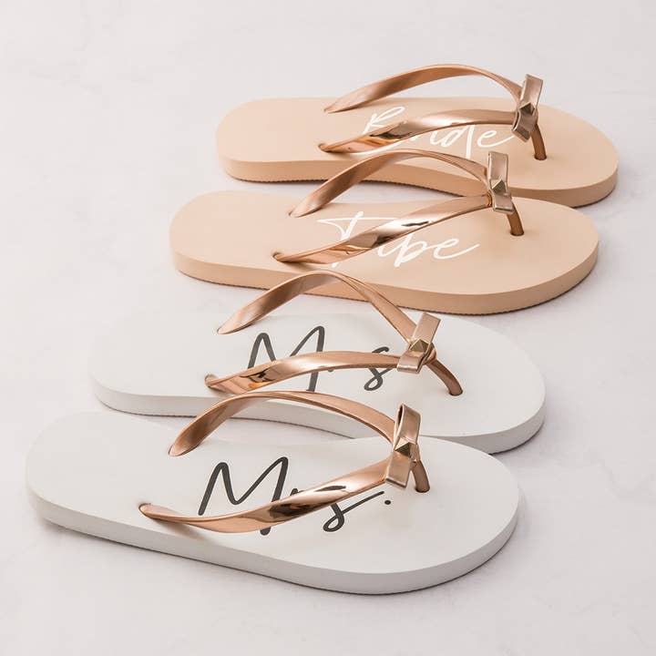 Weddingstar Inc. - Wholesale Flip Flops - Women's - Women’s White & Rose Gold Flip-Flops With Bow - Mrs.