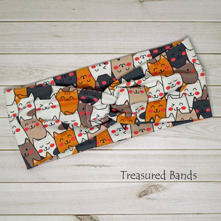 Treasured Haven - Wholesale Fashion Headband - Women's - Cat Lover Cartoon Vet Tech Print Knit Twist Headband