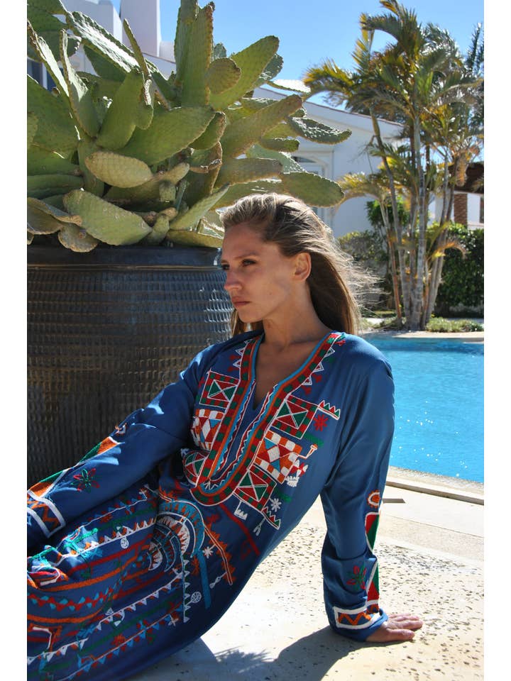 Gipci - Wholesale Kaftan - Women's - Siwa Blue Embroidered Cotton Caftan with Pocket