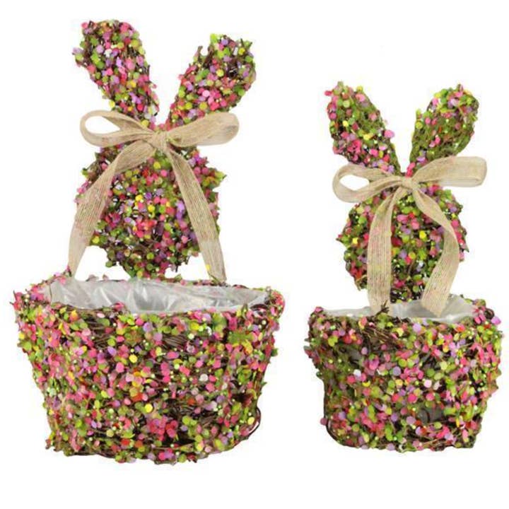 Plantadores de coelho de vime rosa, verde e castanho de 10,5" e 13" - conjunto de 2 por atacado de Dunn Deals