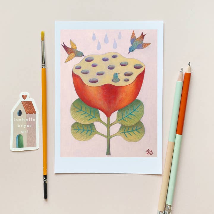Isabelle Bryer Art - Wholesale Everyday Greeting Card - Heart of Poppy Card – Surreal Birds & Bloom, 5"x7" Art