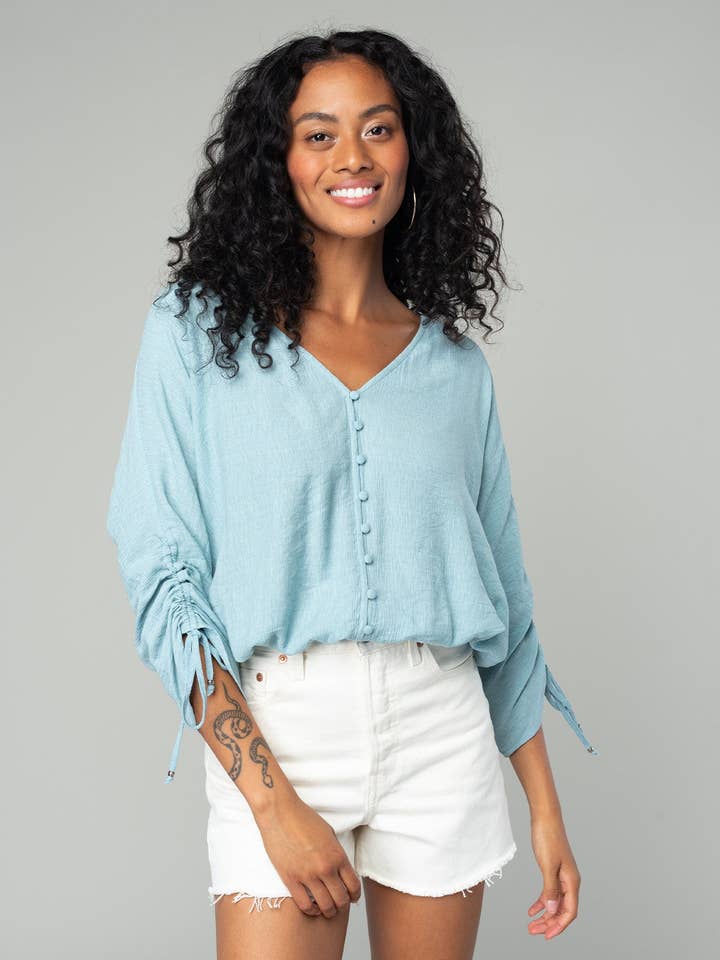 Long Sleeve Ruched Button Down V Neck Top for wholesale by Lovestitch