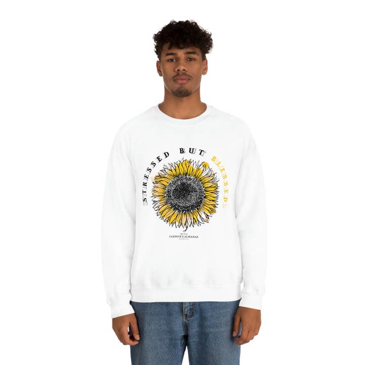 Old Farmer's Almanac Stressed But Blessed Sunflower Crew Neck Long Sleave Heavy Duty Sweatshirt, perfect for cool crisp days for wholesale by Sunbeltgifts Home Décor