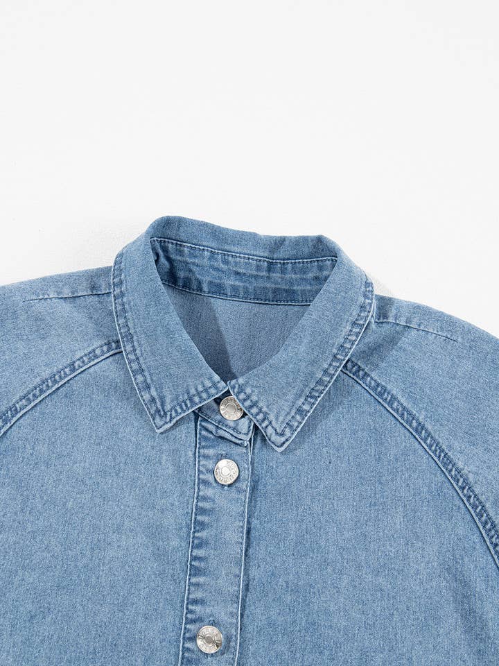 Lovesoft - Wholesale Dress - Women's - Light Blue Frilled Short Sleeve Button Up Loose Denim Shirt Dress7