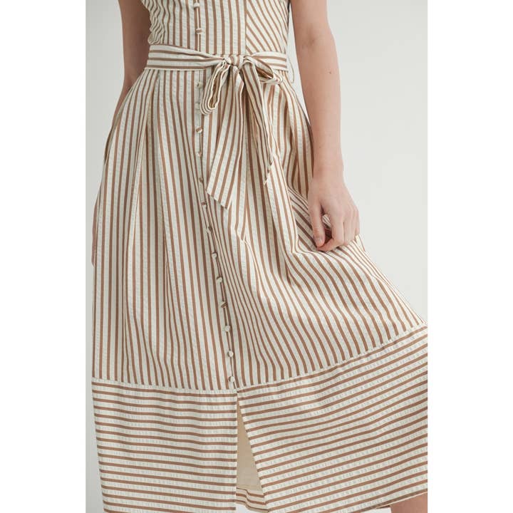 MOCHA WHITE STRIPED SUNDRESS WITH BUTTON-DOWN AND WAIST TIE for wholesale on Faire