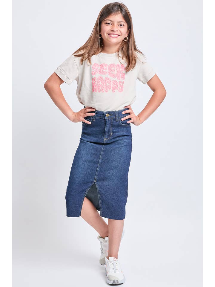 Mørk Indigo Lang nederdel i denim foran til piger med slids rå kant for engroshandel på Faire