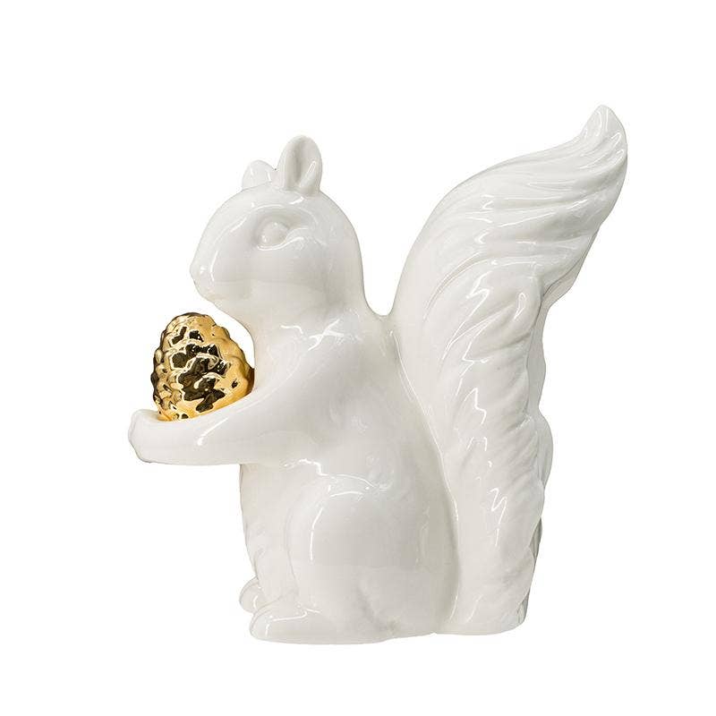 A&B Home Group Inc. - Wholesale Christmas Decoration - 6" Porcelain Squirell w/ Gold Pinecone - White/Gold