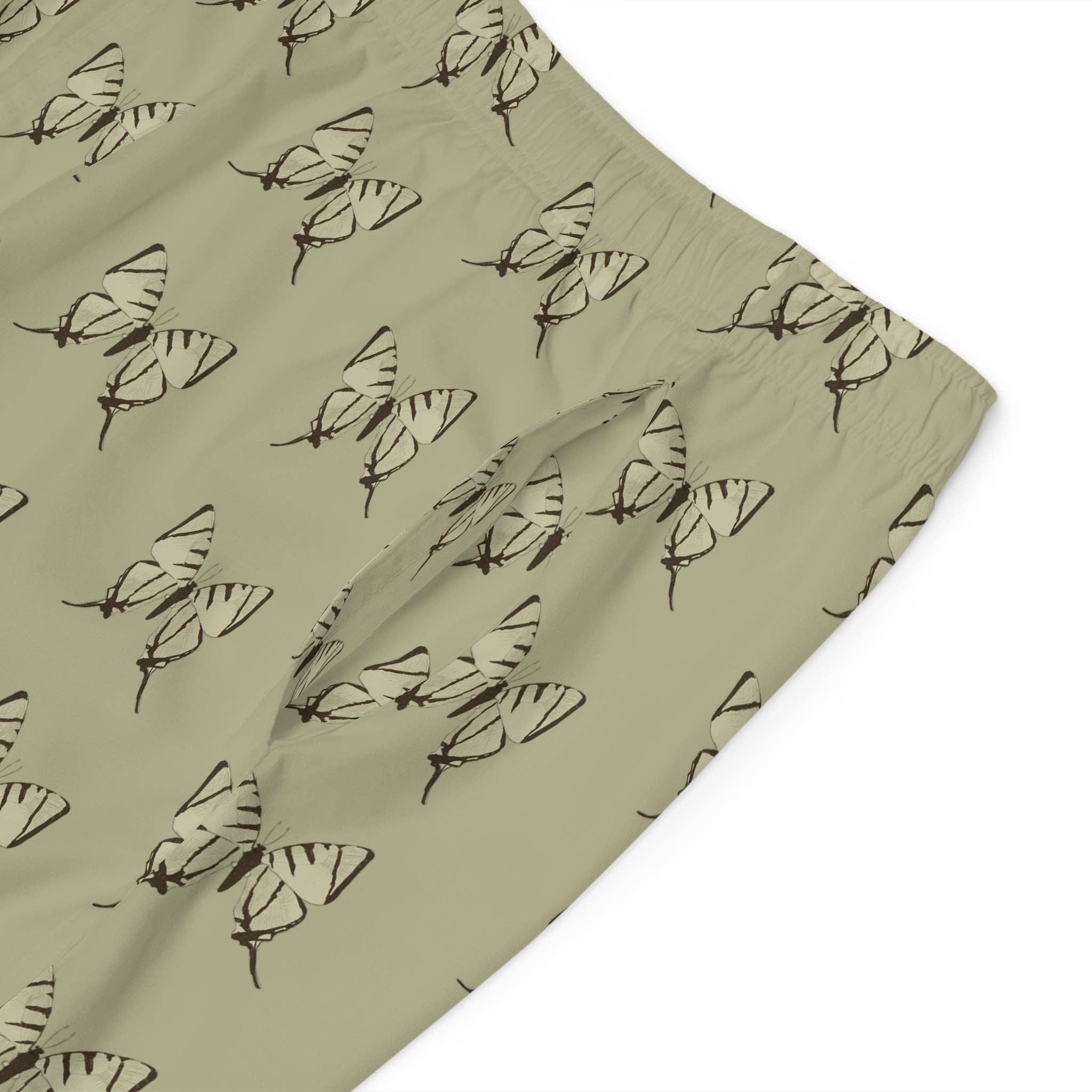 Seam thread color automatically matched to design Butterfly Khaki Men's Board Shorts for wholesale on Faire6