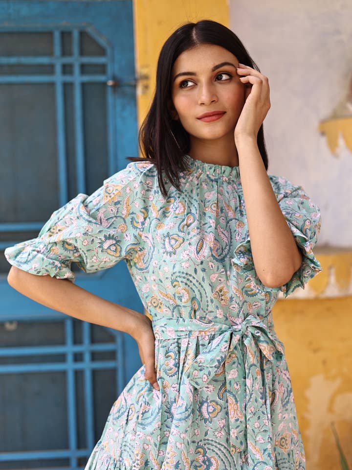 The Fox and The Mermaid - Wholesale Dress - Women's - Block Printed Puff Sleeve Dress (Sitara dress)