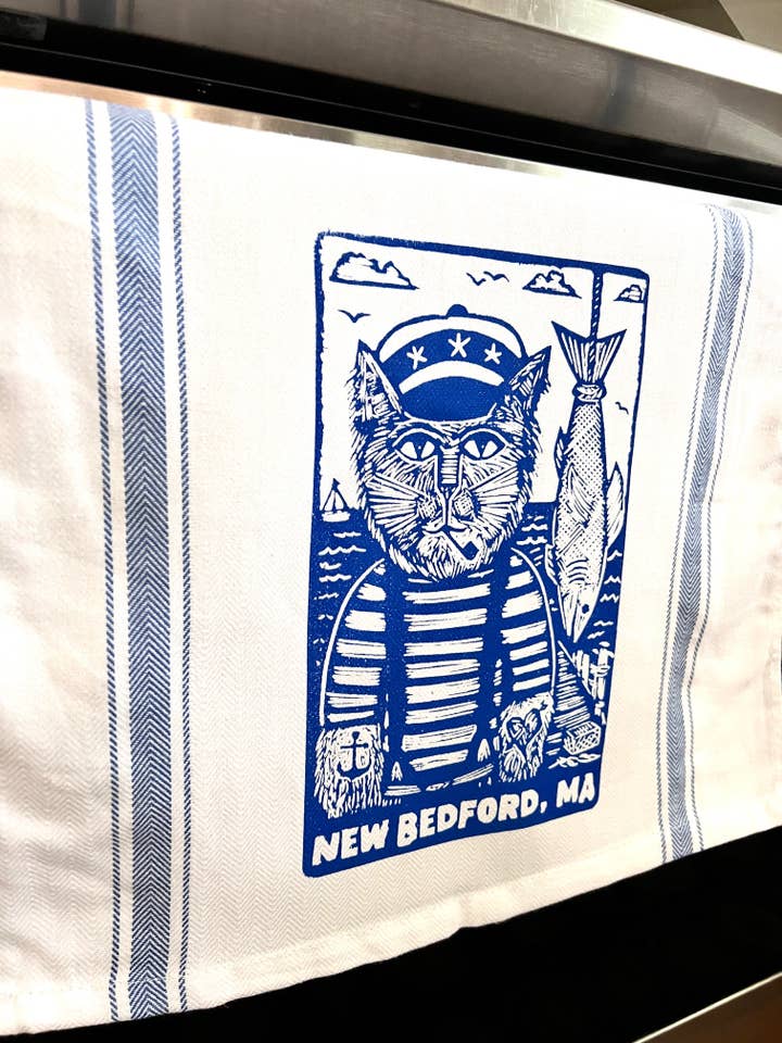 NEW BEDFORD, MA Kitty Captain Fisherman - tea towel, all cotton, kitchen, cooking for wholesale by Pixel Palmer