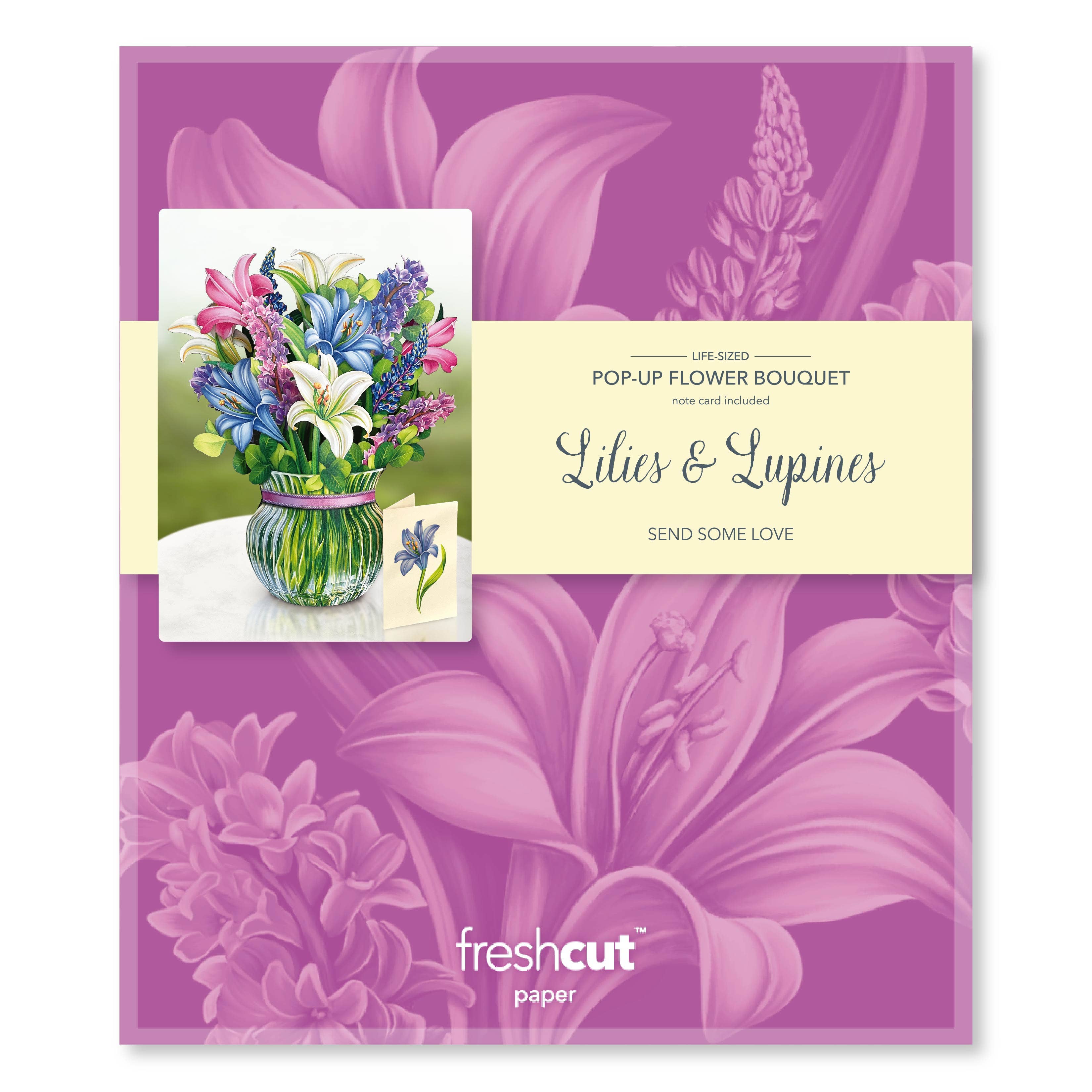 FreshCut Paper LLC - Wholesale Gewone wenskaart - Lilies & Lupines (8 pop-up wenskaarten)2