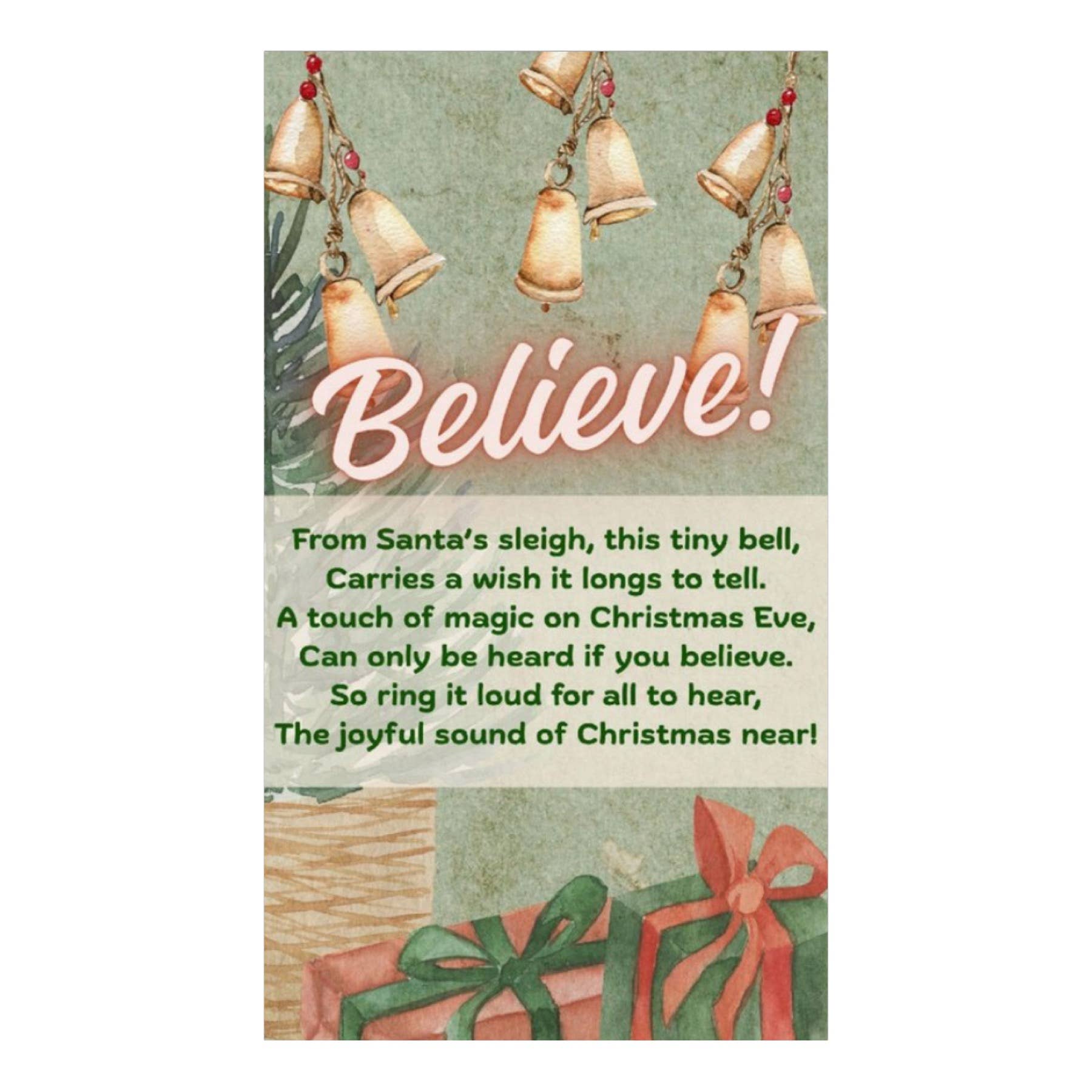 Broken Record Boutique – Ornamento por atacado – Ornamento de Sino Prateado "Acreditar" com Cartão de Poema do Trenó do Pai Natal1