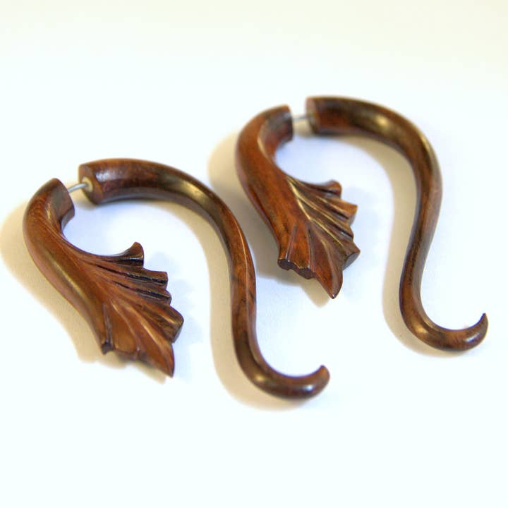 Ajmer by Jodi - Wholesale Cuff/Wrap Earrings - Wood Palmette Faux Gauges~ Surgical Steel ear wires2