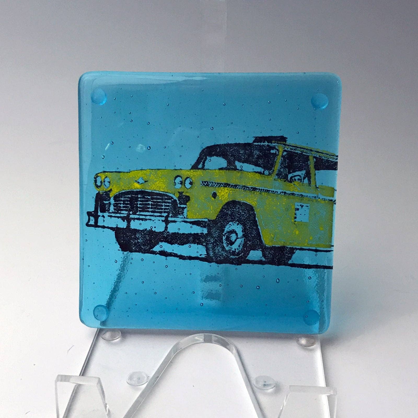 Kiku Handmade | Contemporary Fused Glass Home Goods - Wholesale Coasters - New York City Taxicab Fused Glass 4" Single Coaster2