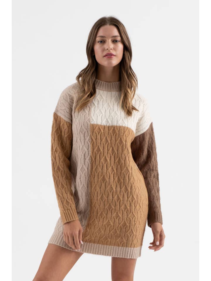 Blu Pepper - Wholesale Dress - Women's - COLORBLOCK CREWNECK LONG SLEEVE KNIT SWEATER DRESS