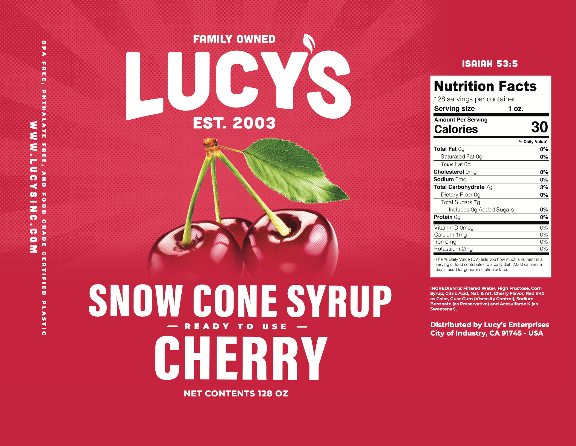 Lucy's - Wholesale Flavored Syrup - Cherry Snow Cone Syrup - 128oz3