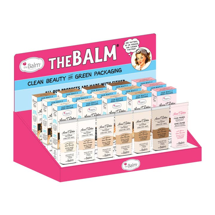 Anne T. Dotes - Espositore in cartone idratante colorato e primer per la vendita all'ingrosso da parte di theBalm Cosmetics EU