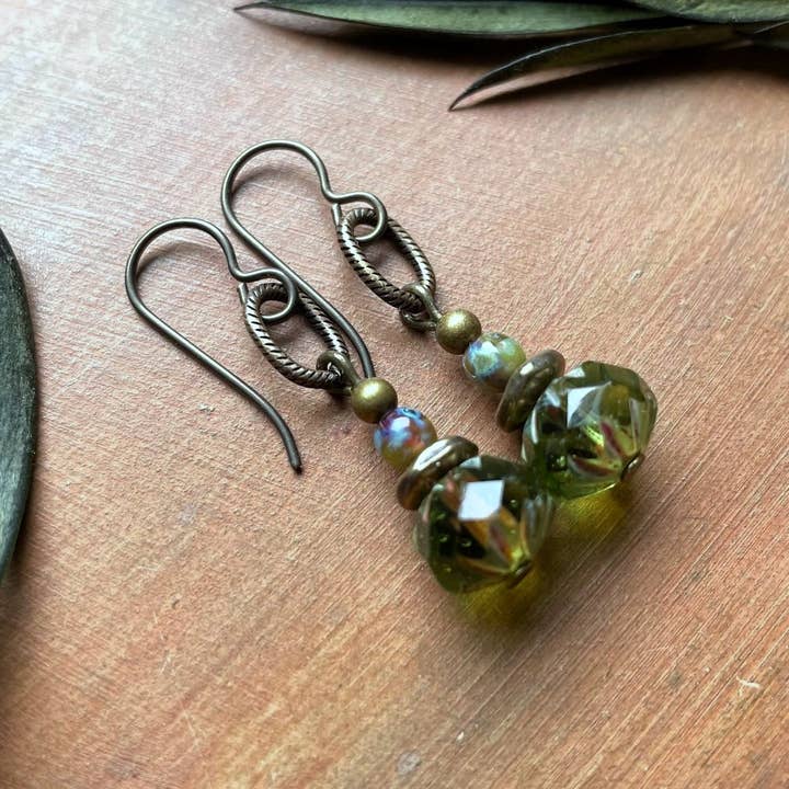 Rustic Green Czech Glass Earrings Earthy Stacked Bead Brass for wholesale by Vintage Earth