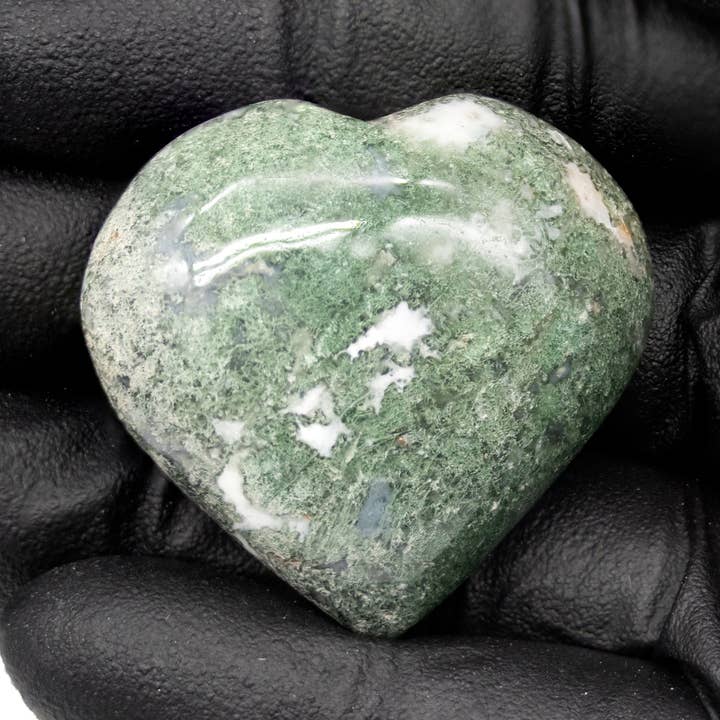 Set of 5 - Moss Agate / Tree Agate Small Puffy Heart / 1.5" for wholesale by Crystal River Gems LLC