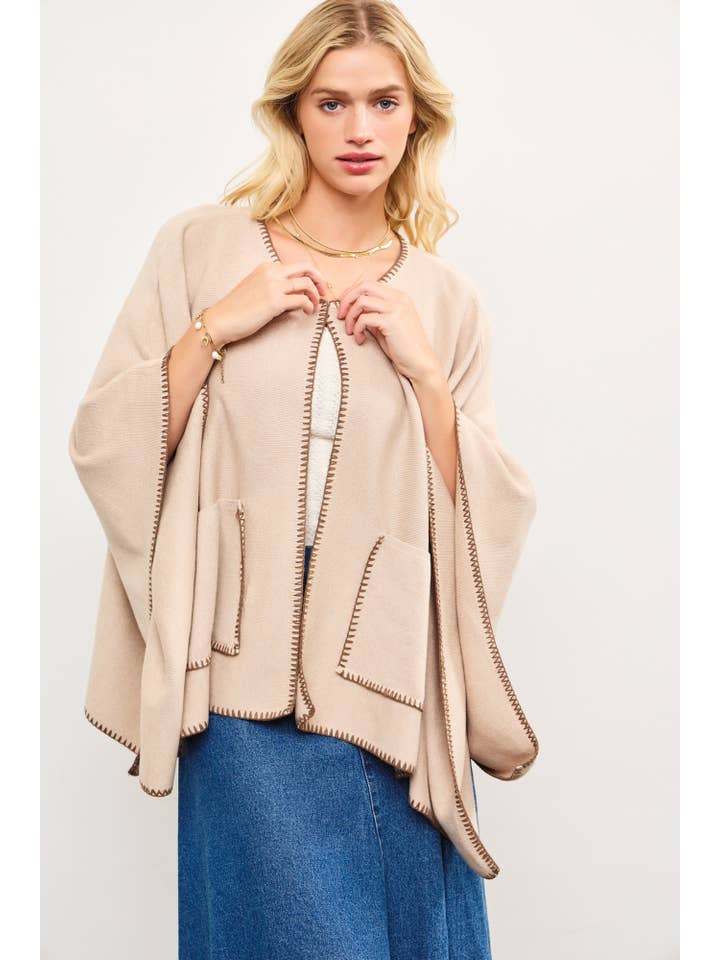 Mustard Seed - Wholesale Poncho - Women's - FRONT SNAP BUTTON CLOSURE KNIT PANCHO