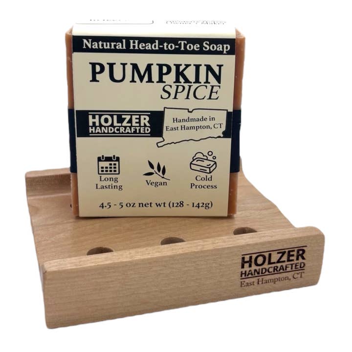 Soap + Soap Dish Gift Set - PUMPKIN SPICE Handmade Soap Bar + Handcrafted Hardwood Soap Dish | Natural Cold Process, Vegan, 4.5 oz | Pumpkin + Warm Spice Scented Soap for wholesale by Holzer Handcrafted ®