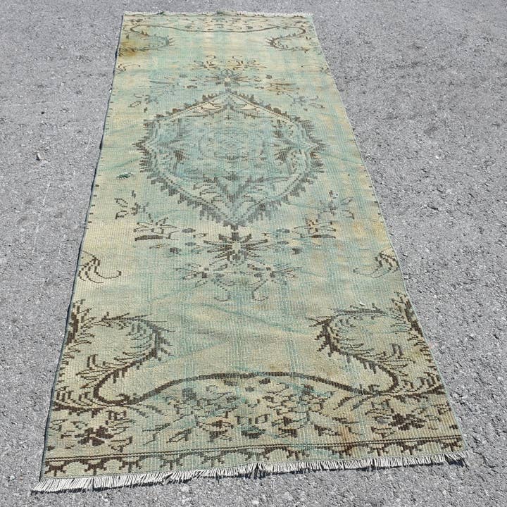 Vintage Patchwork Rug, Green & Beige Handwoven 3.3x8.5 Ft for wholesale by Vintage Rugs Loom