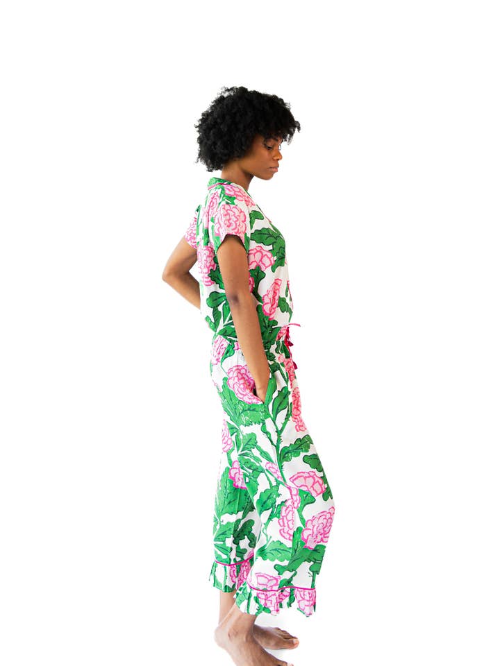 Ophelia Luxe Sateen Capri Pajama Set - Pink & Green for wholesale on Faire4