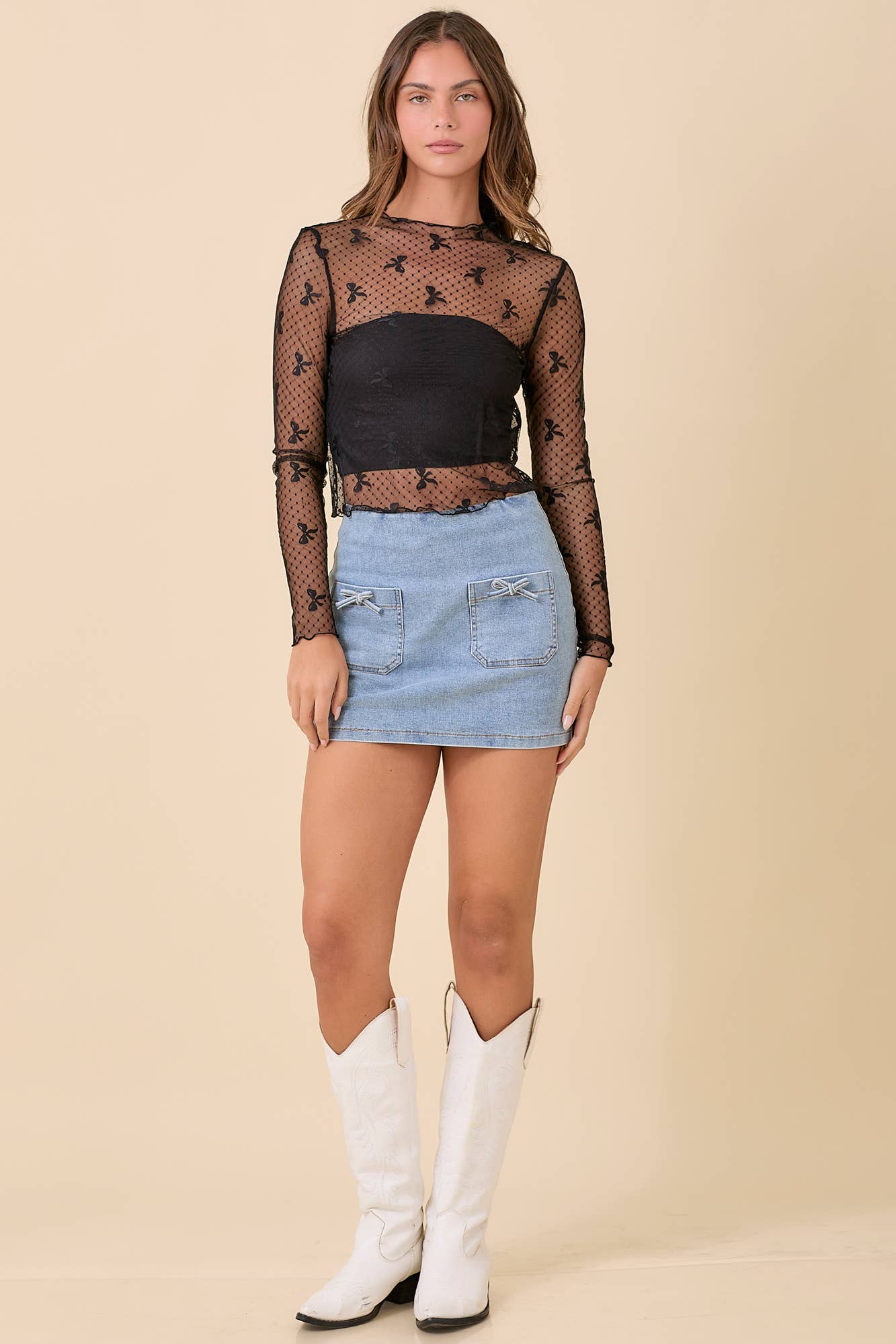 SVART Ribbon Bow Mesh långärmad topp för wholesale på Faire4