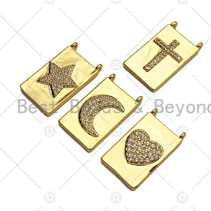 CZ Micro Pave Cresent Heart Star Cross On Rectangle Charms, Dainty Gold Charms Pendant, Rectangle Necklace Pendant, 12x21mm, Sku#F1346 for wholesale by BestBeads&Beyond