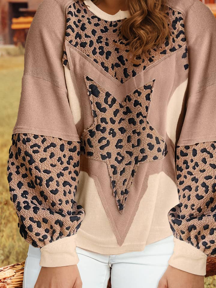 Leopard Star Color Block Patched Textured Baggy Sweatshirt for wholesale by fashionworks