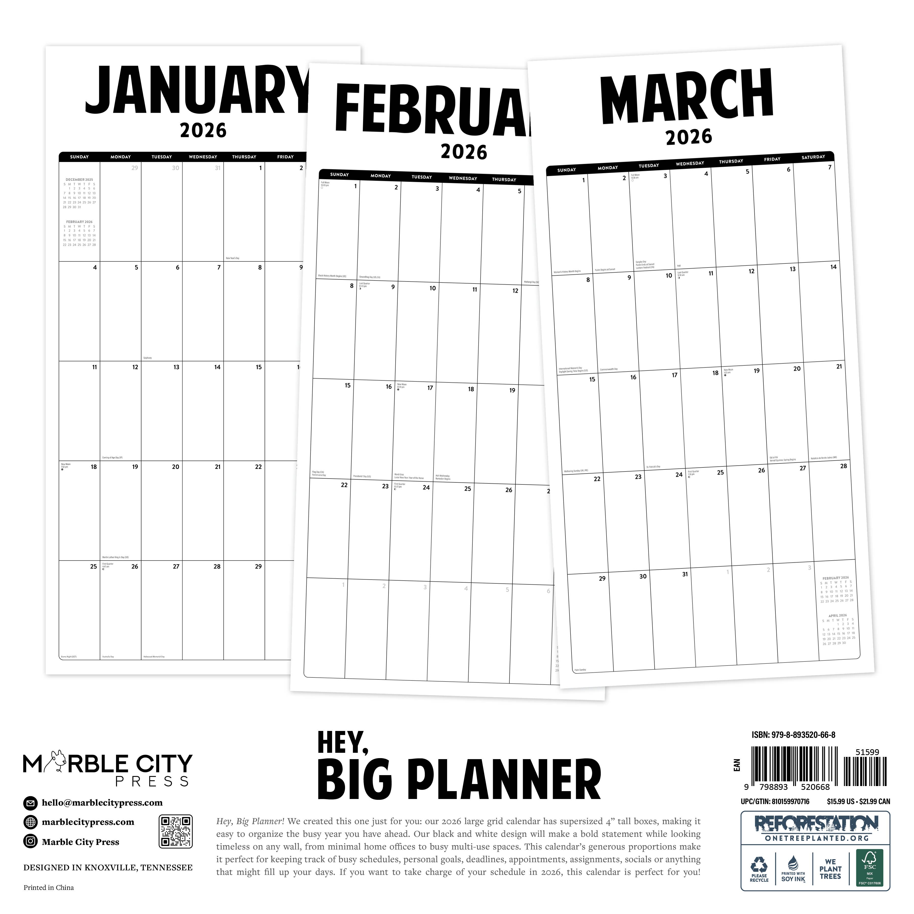 Marble City Press - Vente Calendrier - Grand Calendrier Mural N&B 2026 Marble City Press1
