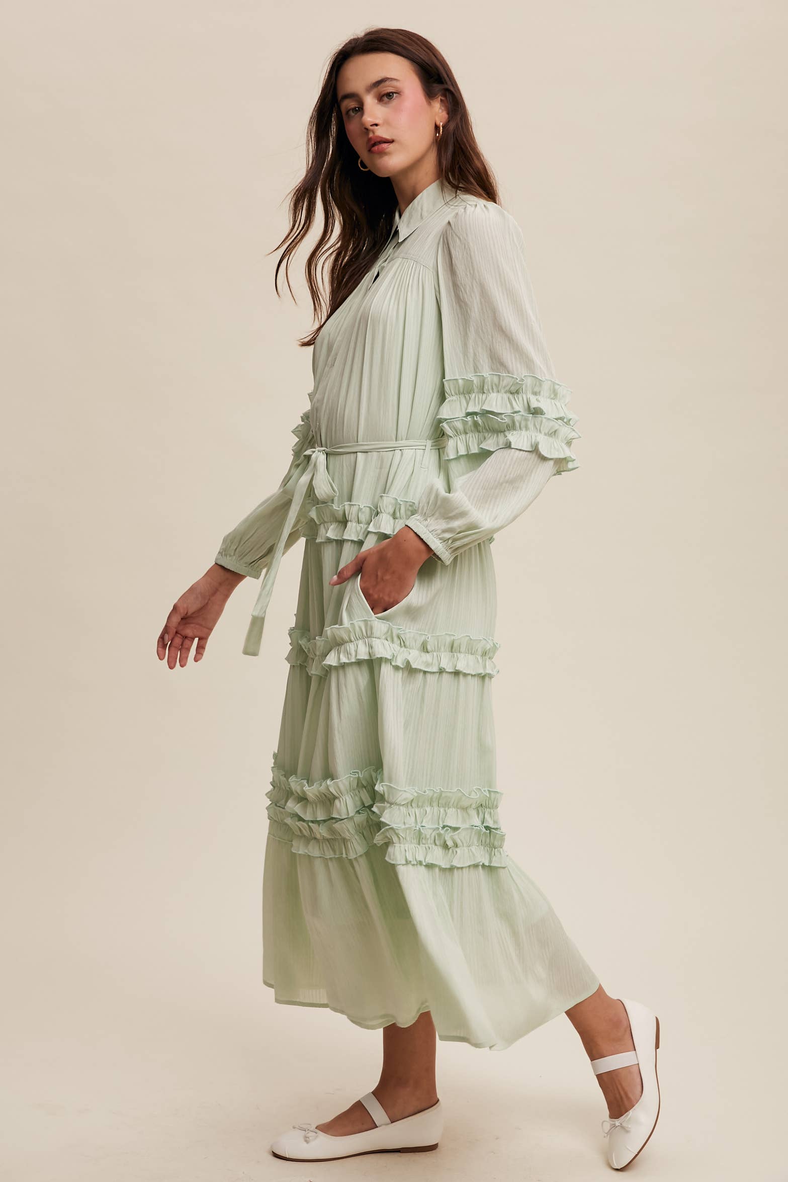 Listicle - Wholesale Dress - Women's - Ruffled Belted Maxi Shirt Dress LD149615
