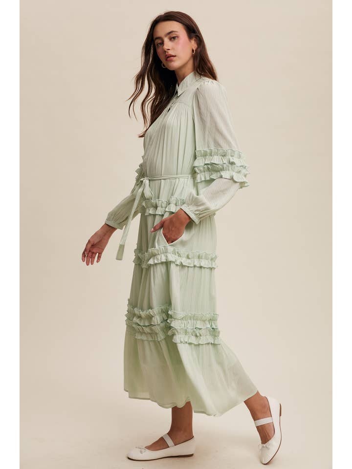 Listicle - Wholesale Dress - Women's - Ruffled Belted Maxi Shirt Dress LD149615