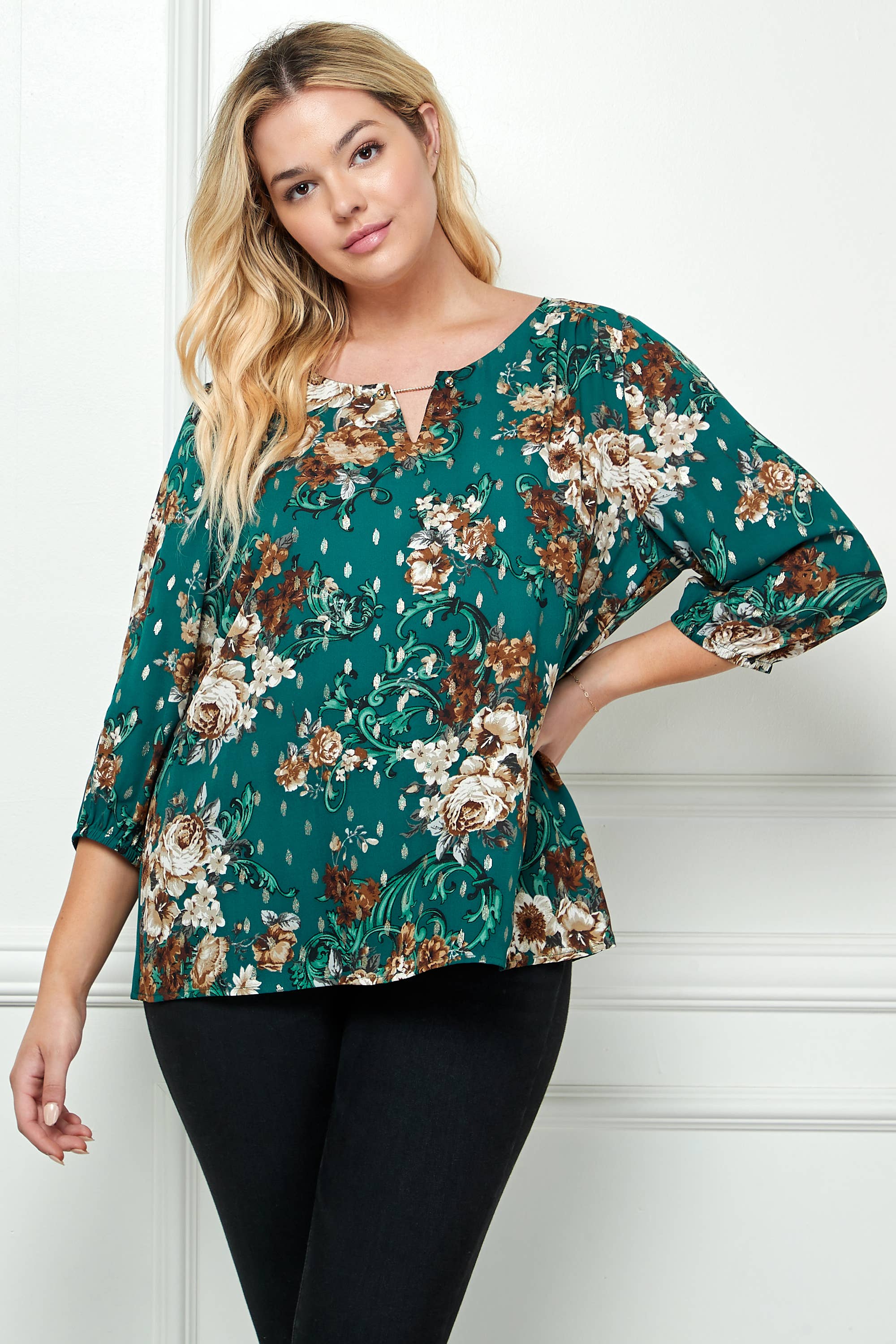 GREEN RPE PLUS STORLEK ELASTISK ÄRM TRIM HALS FRÄMRE BLUS G216777N38X för wholesale på Faire1