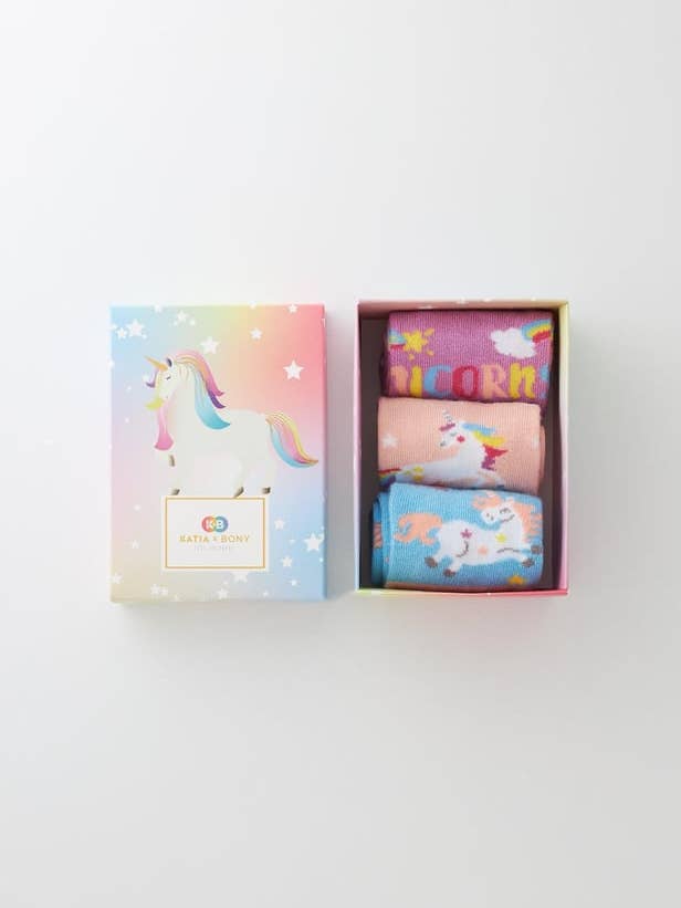 Mädchen Einhorn Socken im 3er-Pack in Geschenkbox für den Großhandel von Elly+Lune