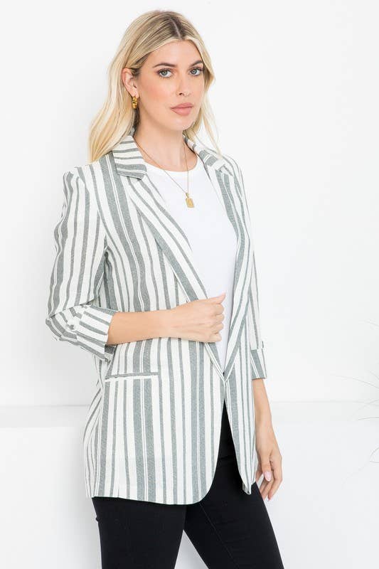 26 International - Wholesale Blazer - Women's - Linen Blend Stripe Roll Up Blazer15