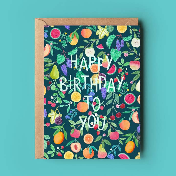 Fruity Happy Birthday to you greeting card for wholesale by Sofia Papa Designs