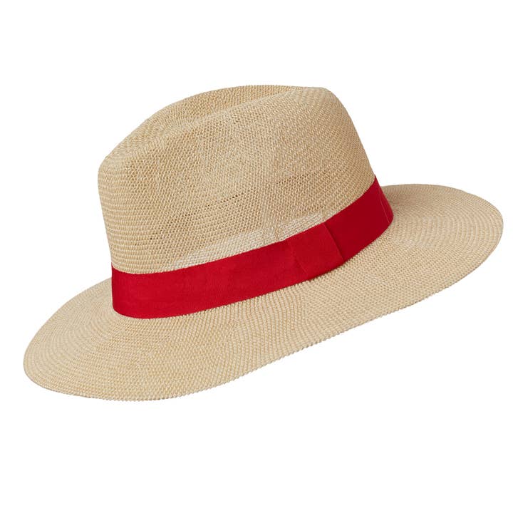 Sombrero de Panamá - Papel natural con banda roja para venta al por mayor de Somerville Scarves