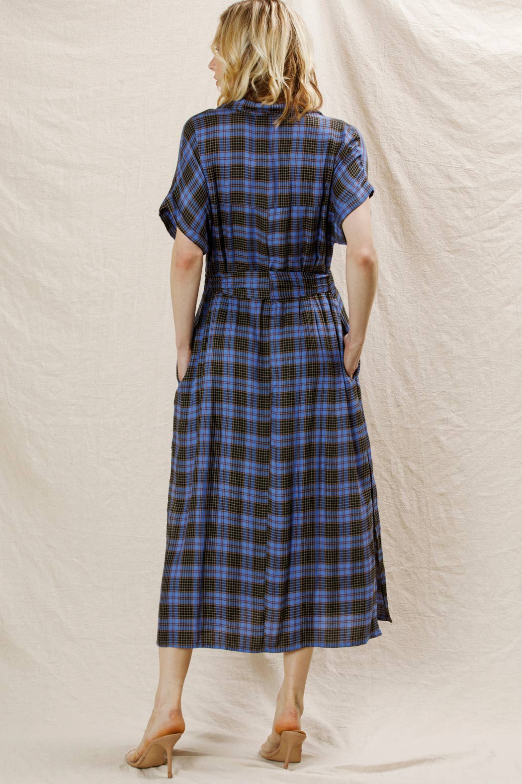 BLUE BLACK Plaid Button Down Belted Shirt Dress for wholesale on Faire2