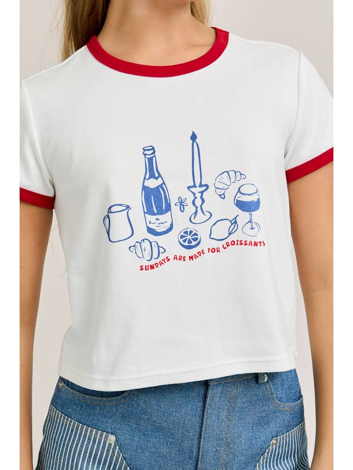 WHITE RED SUNDAYS ARE MADE FOR CROISSANTS CONTRAST TRIM BABY TEE for wholesale on Faire
