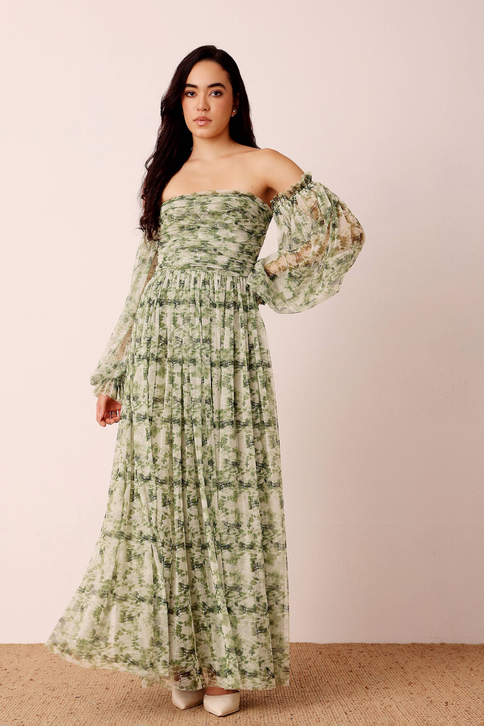 Lana Green Floral Printed Tulle Dress for wholesale on Faire0