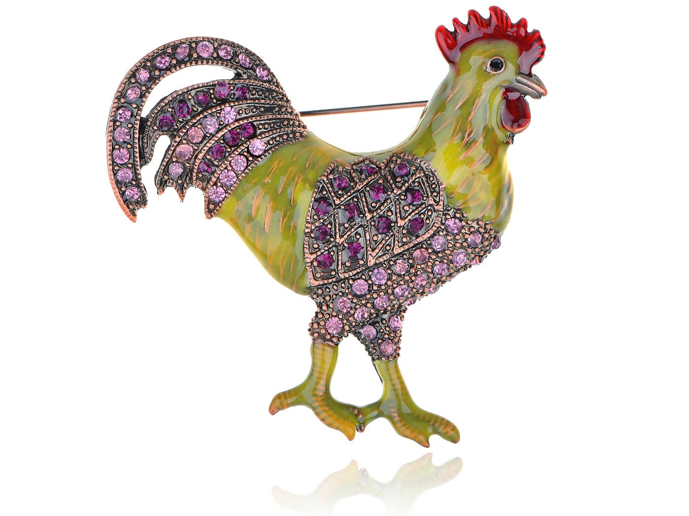 AK Brand - Vente Broches - Broche coq de poulet violet jaune vert cuivre