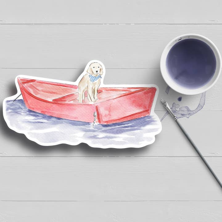 WonderfullyWrittenCo – wholesale Klistermärke – Nantucket Golden Retriever båt akvarell klistermärke