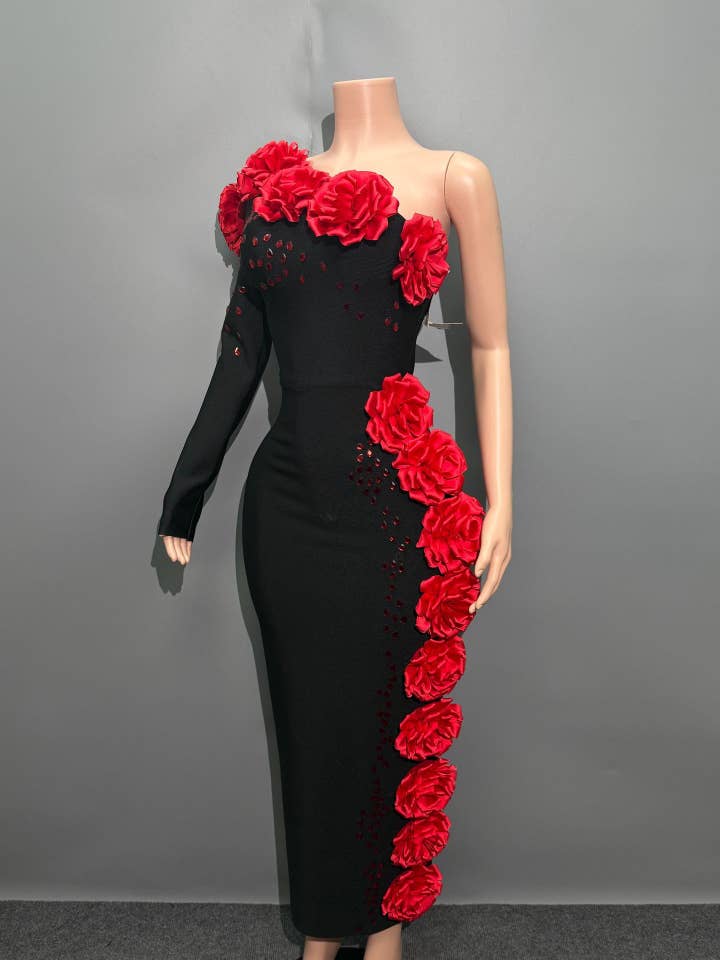 Black 43Y 3D Floral One-Shoulder Bandage Gown with Crystal Detail for wholesale on Faire1