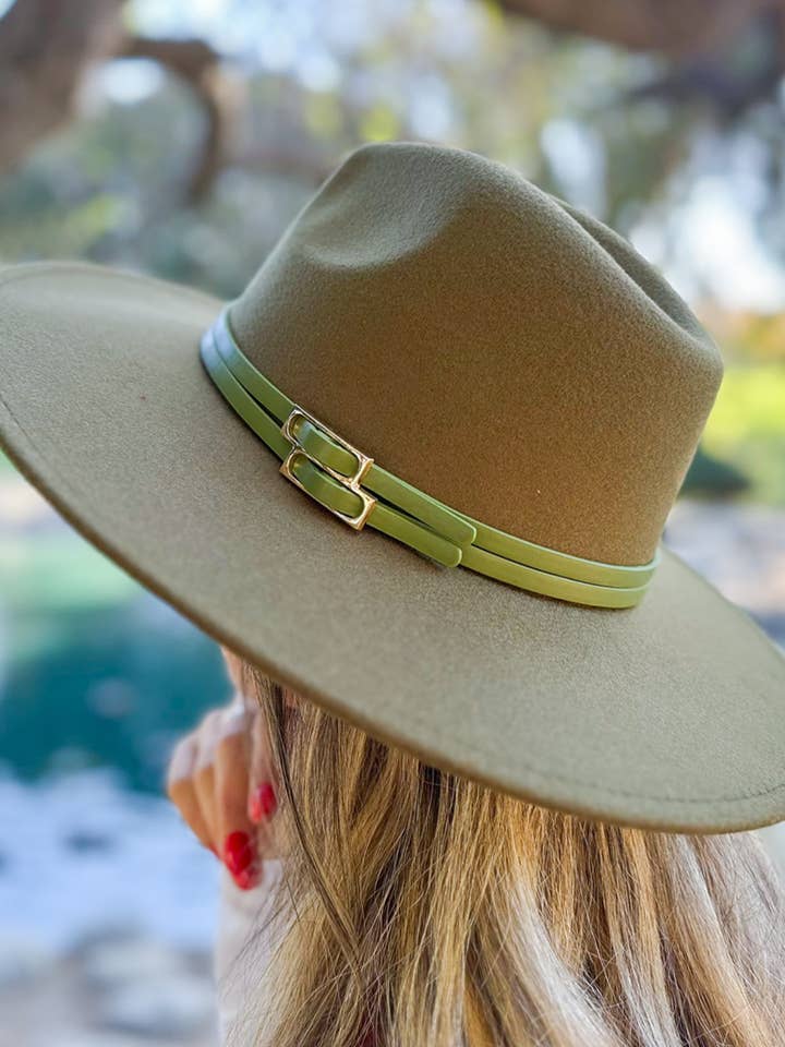 Refined Olive Fedora with Faux Leather Double Buckle Trim for wholesale by AMOLI