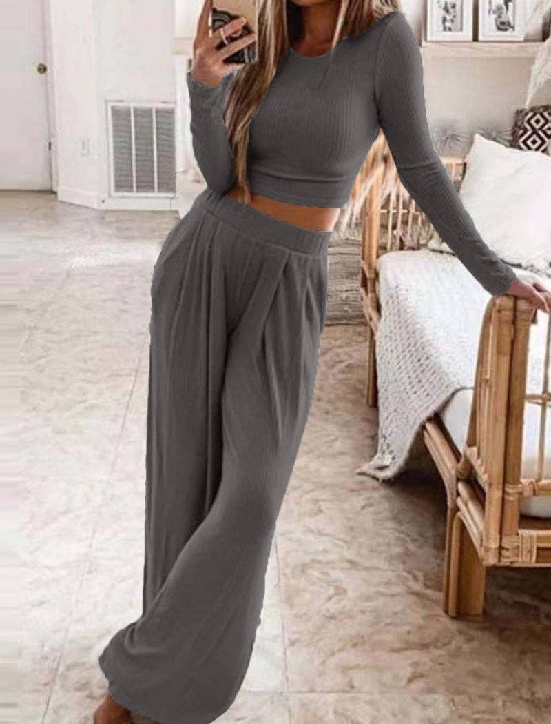 safistyle - Wholesale Lounge Set - Women's - Ribbed Two-Piece Crop Top and Wide Pants Set5