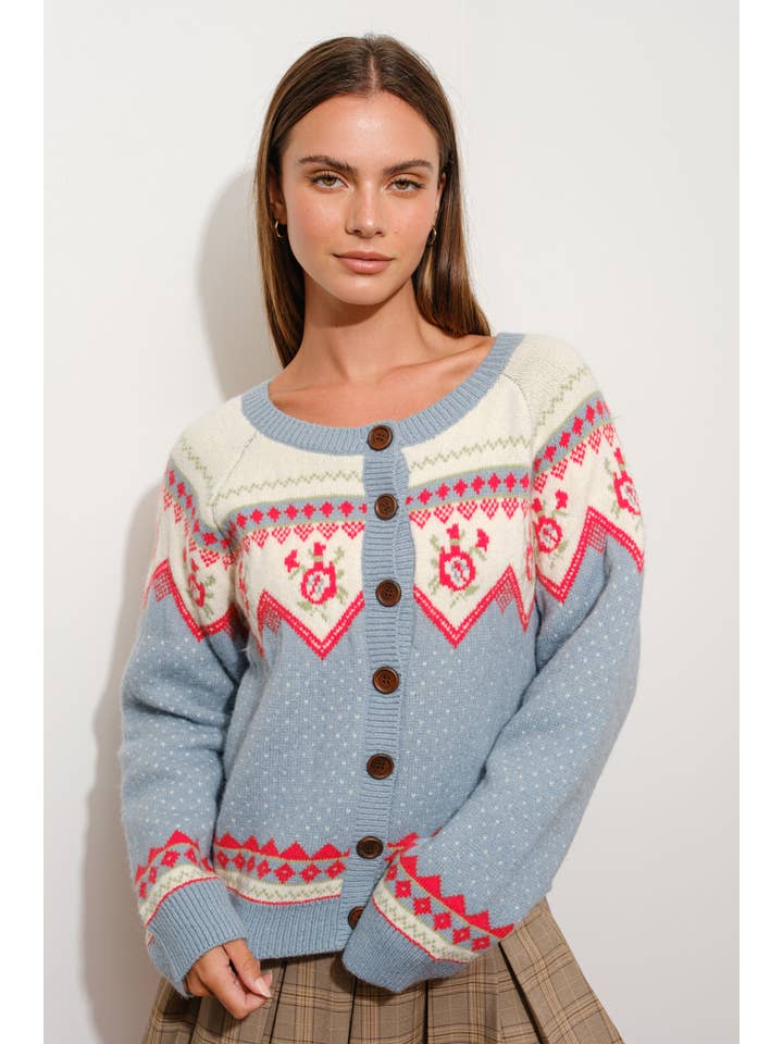 DUSTY BLUE VINTAGE MOTIF CARDIGAN for wholesale on Faire
