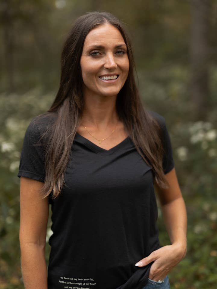 Psalm 73:26 Christian classic black vneck tee for wholesale by Six Notes Christian Clothing